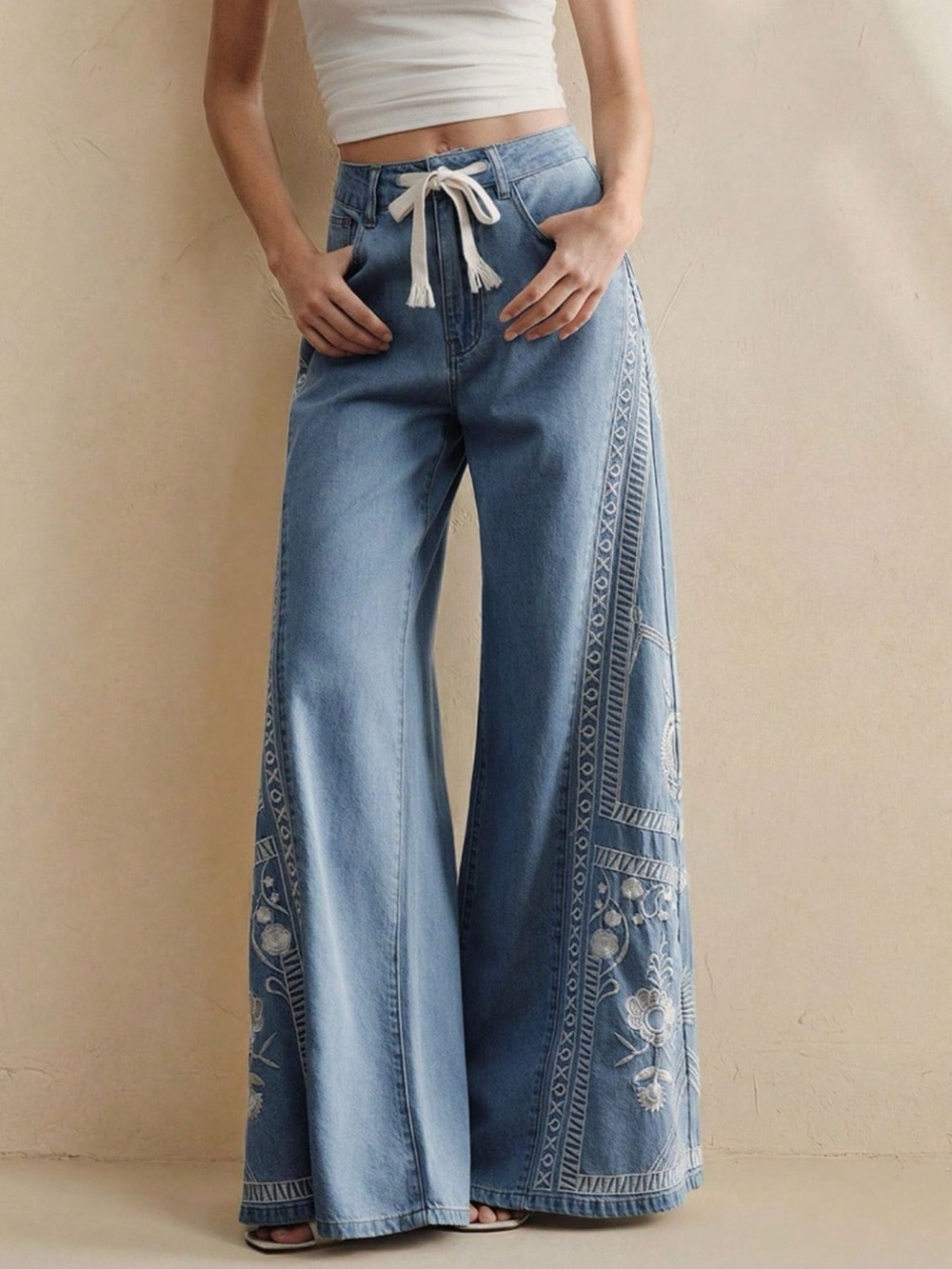 Embroidered Wide-Leg Drawstring Jeans - Picture 4 of 8